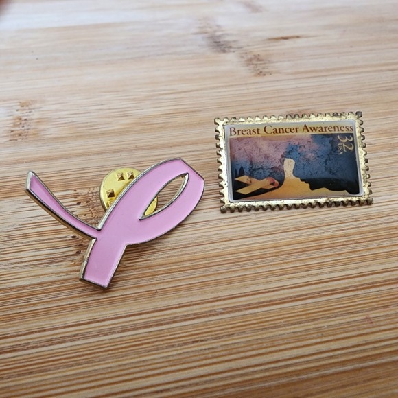 Lot of 2 Breast Cancer Awareness Pins Pink Ribbon 32¢ Stamp Lapel Collectibles - Picture 1 of 6